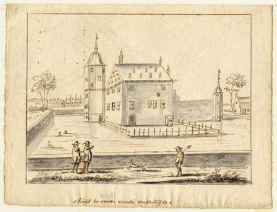 135318 Gezicht op het omgrachte kasteel Voorn te De Meern, met rechts een van de twee duiventorens op de hoeken van het ...